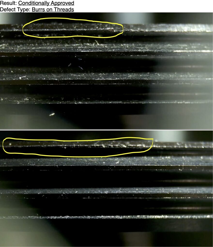 Burrs are present along threads