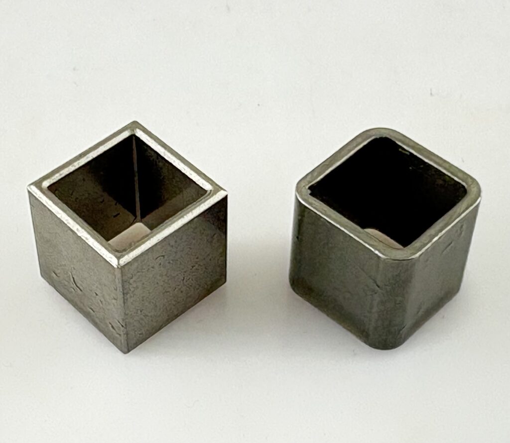 Tube made of Powder Metallurgy (Left) and CNC machining cut (Right), side by side comparison