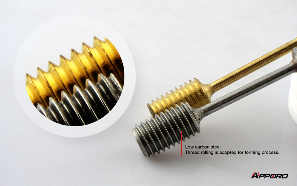 The low carbon steel component is a piece of demonstrative equipment for tensile force test. Concerning that only with high intensity can threads pass the destructive test, thread rolling is adopted for forming process.
